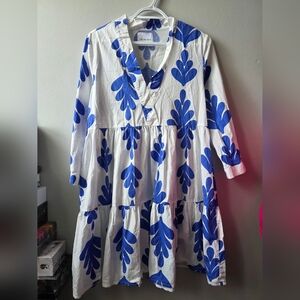 100% Cotton White Dress with Bold Blue Floral Print - Casual Tiered Dress